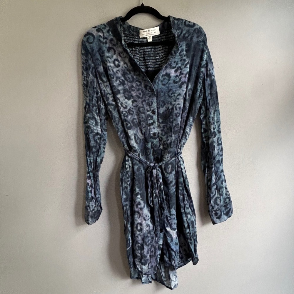 Cloth & Stone Anthropologie Blue Animal Print Belted Shirt Dress R8307-Y17 Small